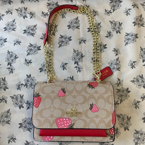 Coach Classic Monogram Strawberry Print Chain Crossbody Bag - Picture 1 of 14